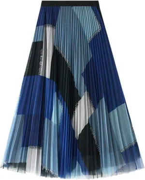 Women's High Waist Pleated A-Line Swing Skirt Midi Dress Elegant Mesh Layered Tulle Skirt
