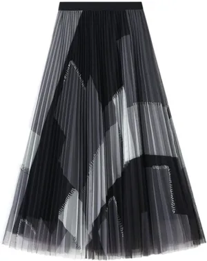Women's High Waist Pleated A-Line Swing Skirt Midi Dress Elegant Mesh Layered Tulle Skirt