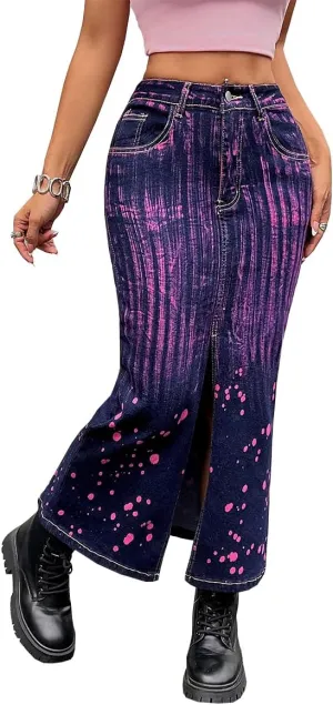 Women's High Waisted Maxi Long Denim Skirts Stretchy Slit Washed Tie Dye Skinny Butt Lifting Jean Midi Skirt,Purple1,L