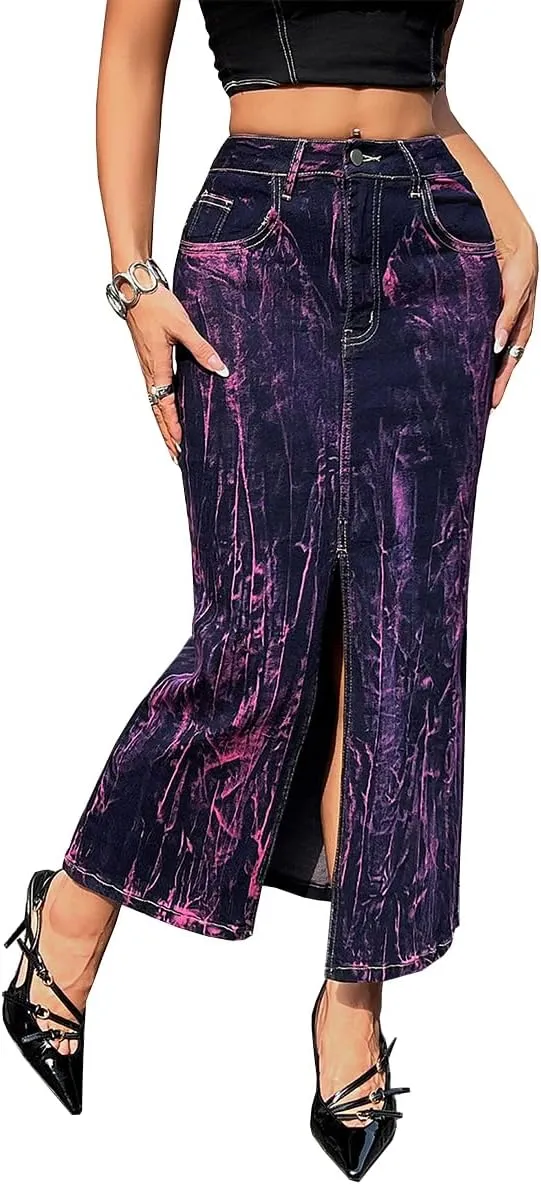 Women's High Waisted Maxi Long Denim Skirts Stretchy Slit Washed Tie Dye Skinny Butt Lifting Jean Midi Skirt,Purple3,XXL