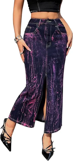 Women's High Waisted Maxi Long Denim Skirts Stretchy Slit Washed Tie Dye Skinny Butt Lifting Jean Midi Skirt,Purple3,XXL