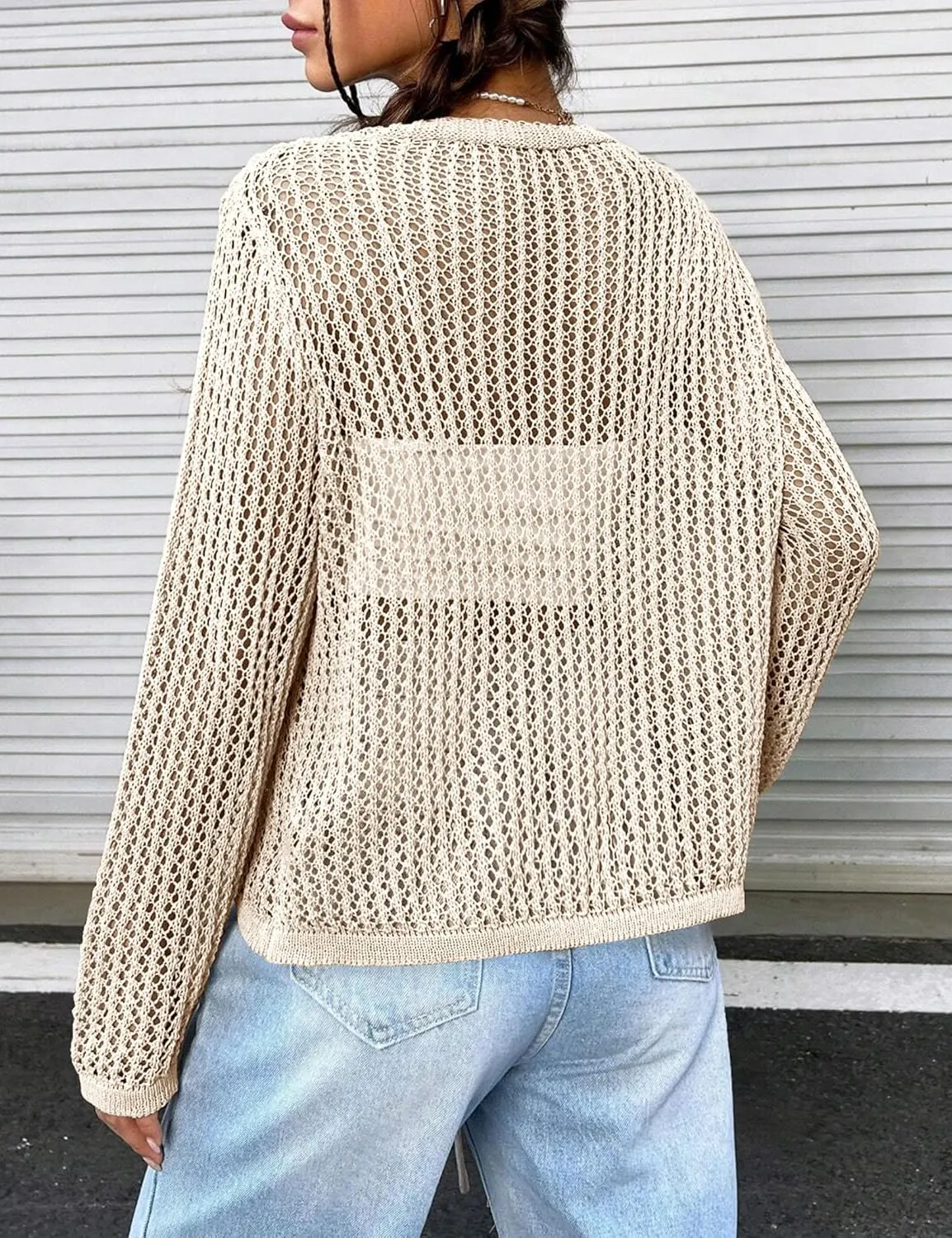 Womens Lightweight Crochet Cardigan Tie Front Shrugs Knit Crop Tops