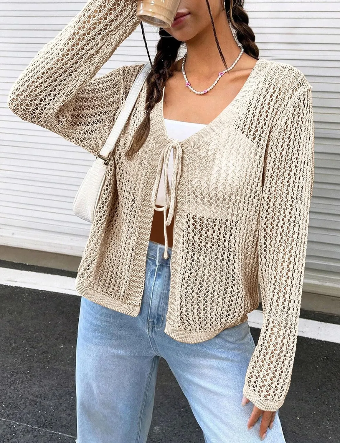 Womens Lightweight Crochet Cardigan Tie Front Shrugs Knit Crop Tops
