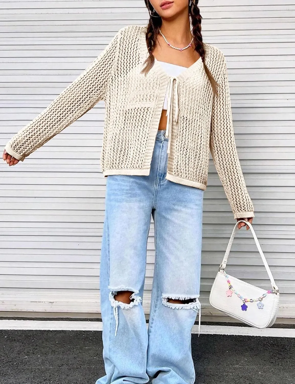 Womens Lightweight Crochet Cardigan Tie Front Shrugs Knit Crop Tops
