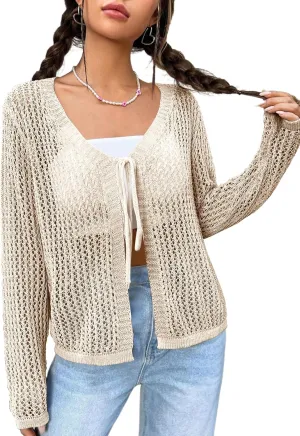 Womens Lightweight Crochet Cardigan Tie Front Shrugs Knit Crop Tops