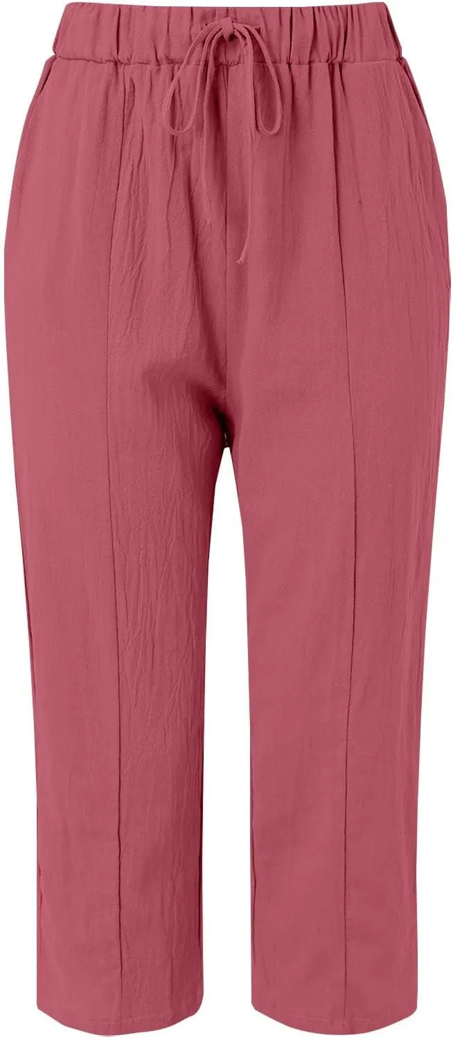 Women's Linen Capri Pants with Drawstring Beach Casual Pants Linen Lightweight Elastic Waist