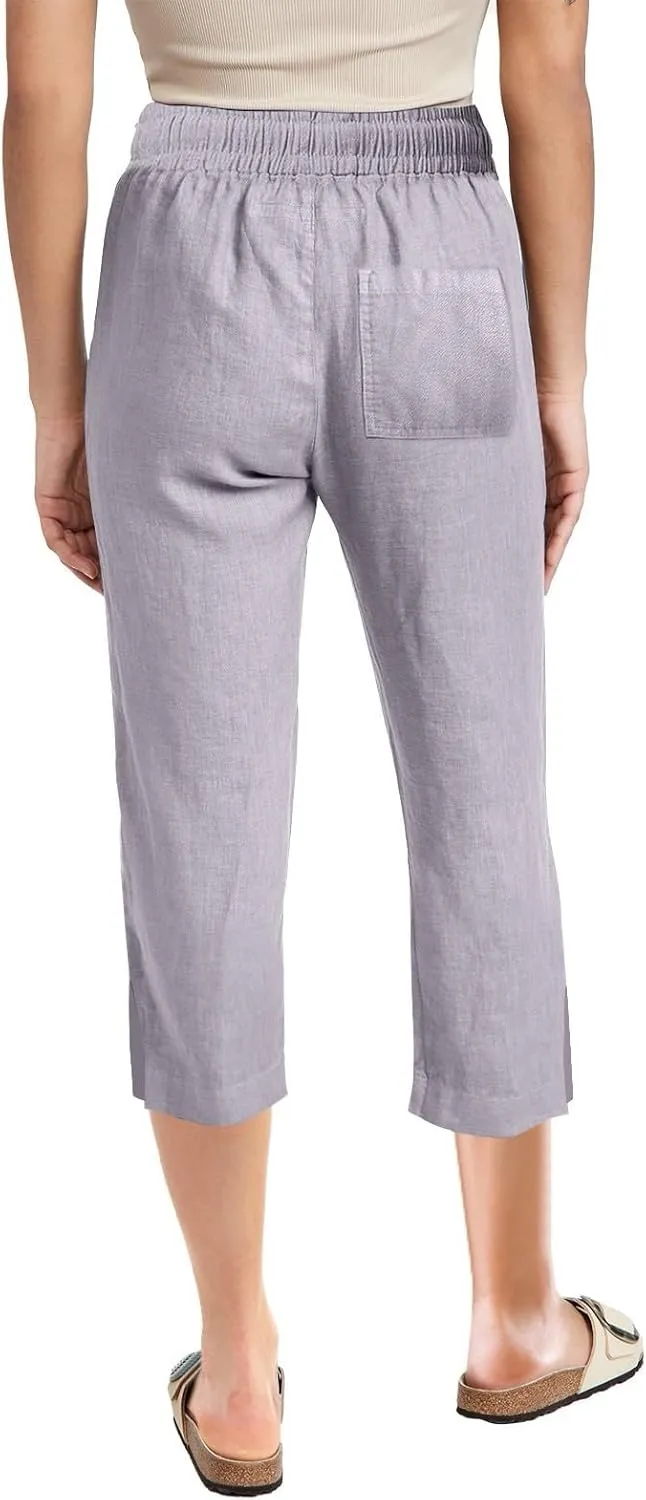 Women's Linen Capri Pants with Drawstring Beach Casual Pants Linen Lightweight Elastic Waist