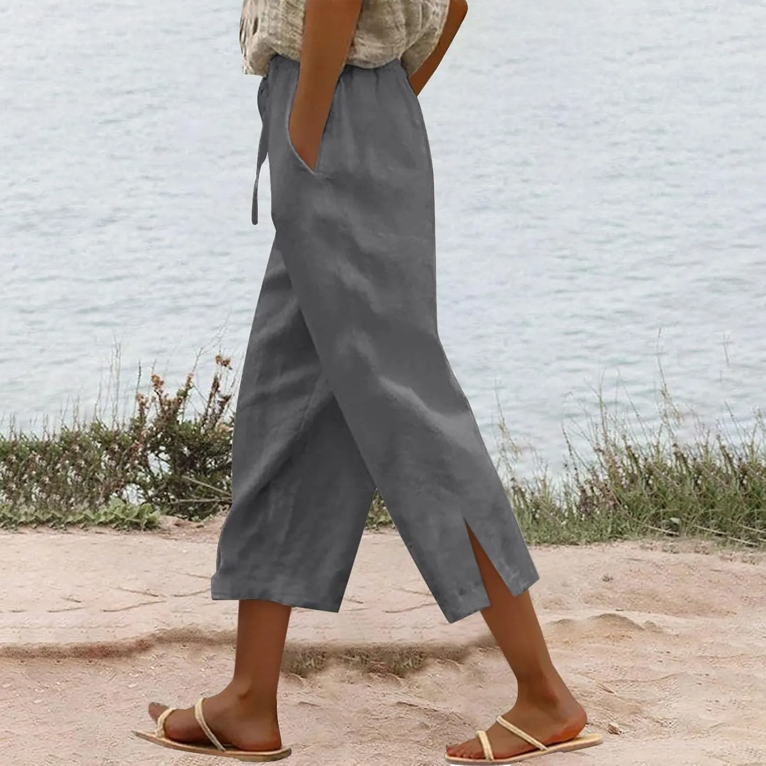 Women's Linen Capri Pants with Drawstring Beach Casual Pants Linen Lightweight Elastic Waist