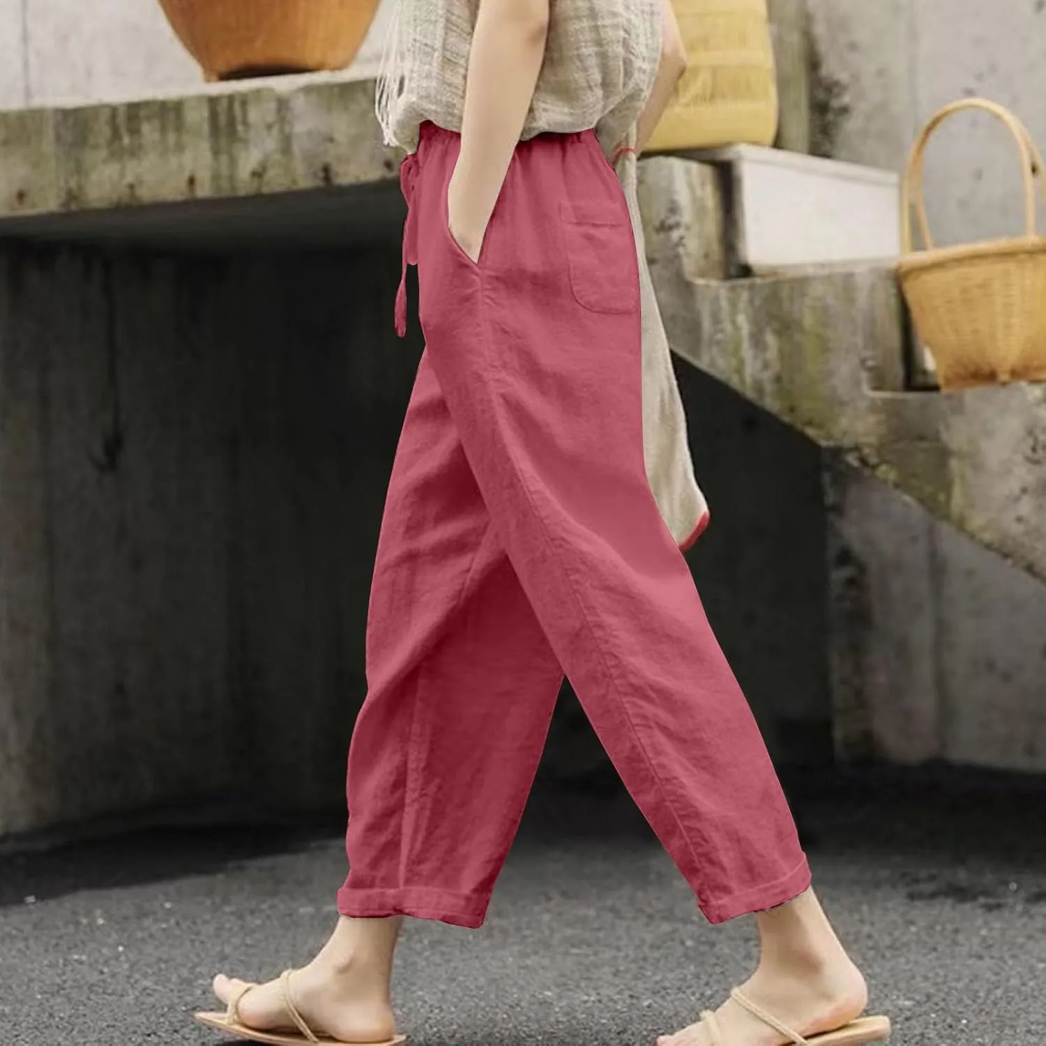 Women's Linen Capri Pants with Drawstring Beach Casual Pants Linen Lightweight Elastic Waist