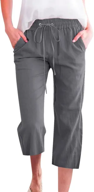 Women's Linen Capri Pants with Drawstring Beach Casual Pants Linen Lightweight Elastic Waist