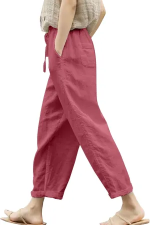 Women's Linen Capri Pants with Drawstring Beach Casual Pants Linen Lightweight Elastic Waist