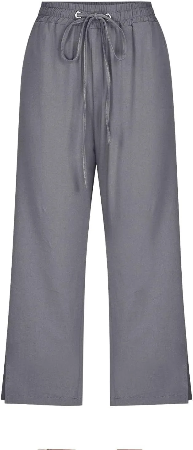 Women's Linen Capri Pants with Drawstring Beach Casual Pants Linen Lightweight Elastic Waist