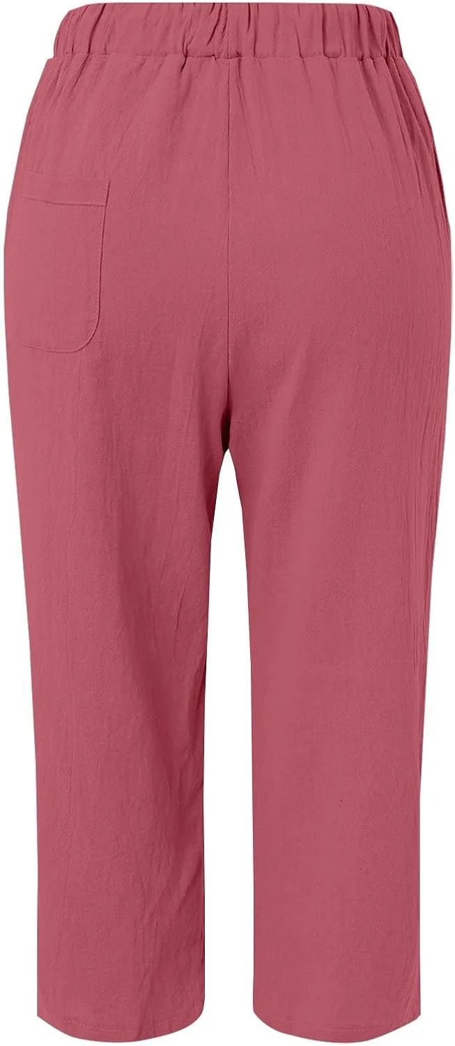 Women's Linen Capri Pants with Drawstring Beach Casual Pants Linen Lightweight Elastic Waist