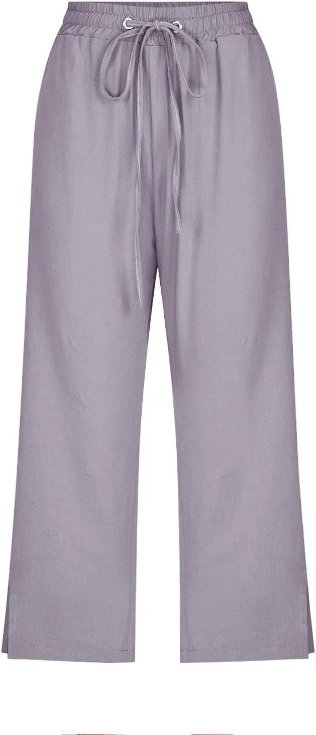 Women's Linen Capri Pants with Drawstring Beach Casual Pants Linen Lightweight Elastic Waist