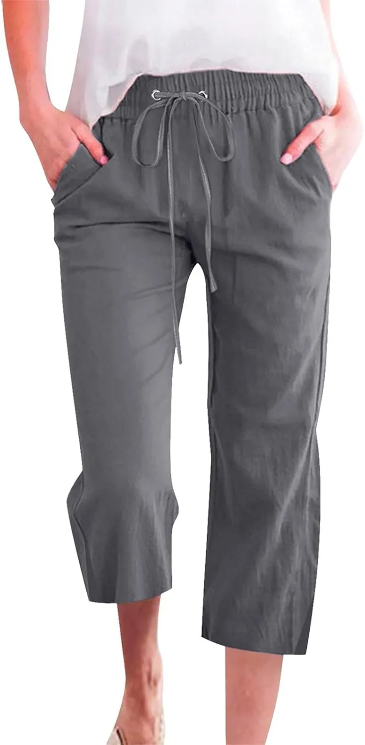 Women's Linen Capri Pants with Drawstring Beach Casual Pants Linen Lightweight Elastic Waist