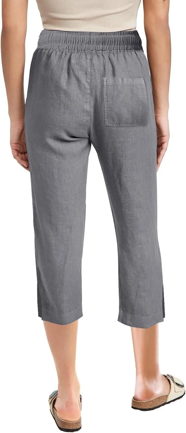 Women's Linen Capri Pants with Drawstring Beach Casual Pants Linen Lightweight Elastic Waist