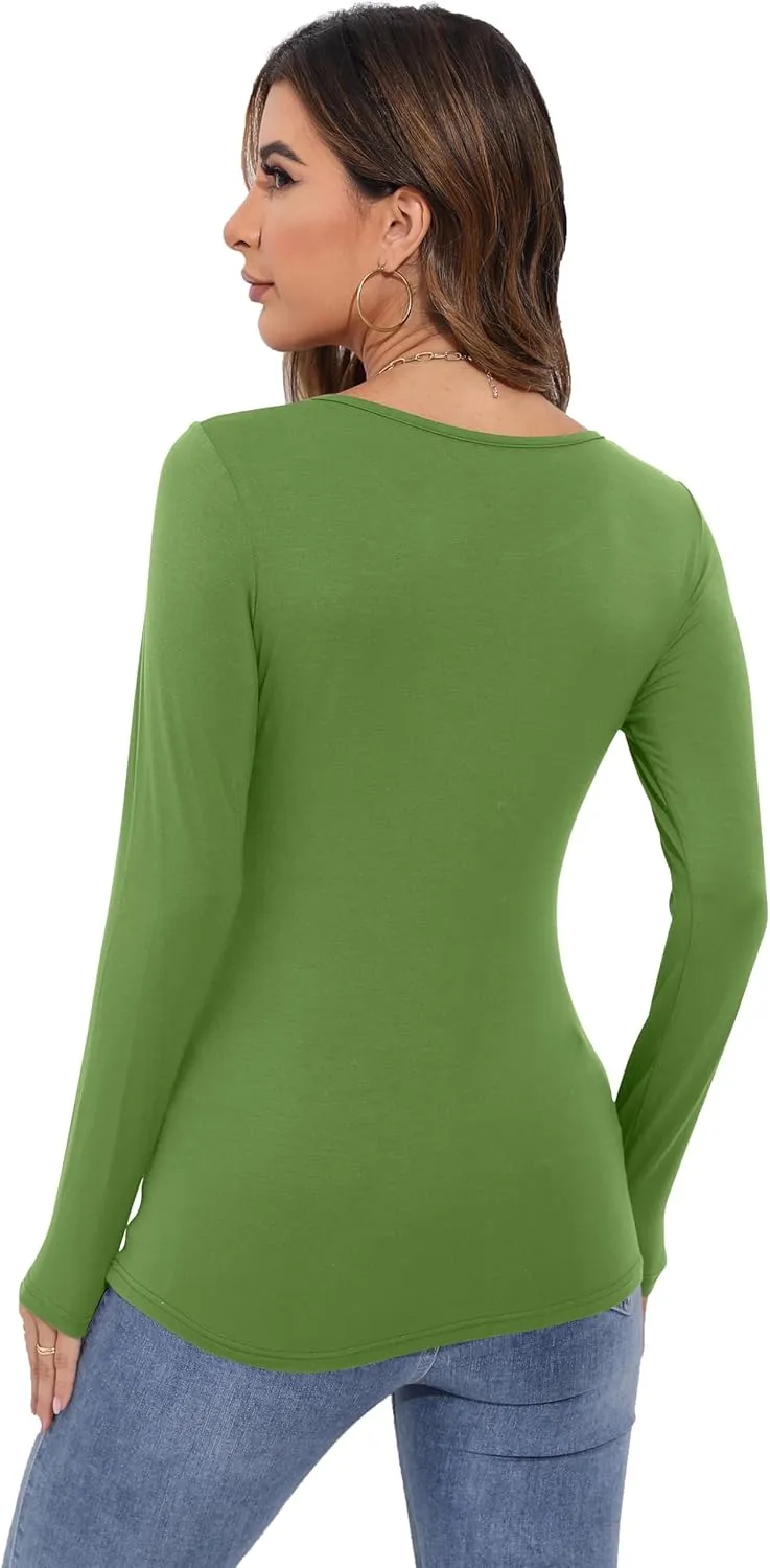 Women's Long Sleeve T-Shirt Scoop Neck Rayon Slim Fit Stretchy Layer T Shirts Tops