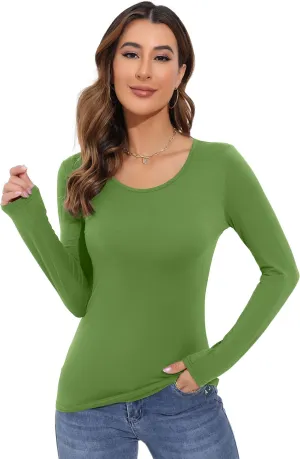 Women's Long Sleeve T-Shirt Scoop Neck Rayon Slim Fit Stretchy Layer T Shirts Tops