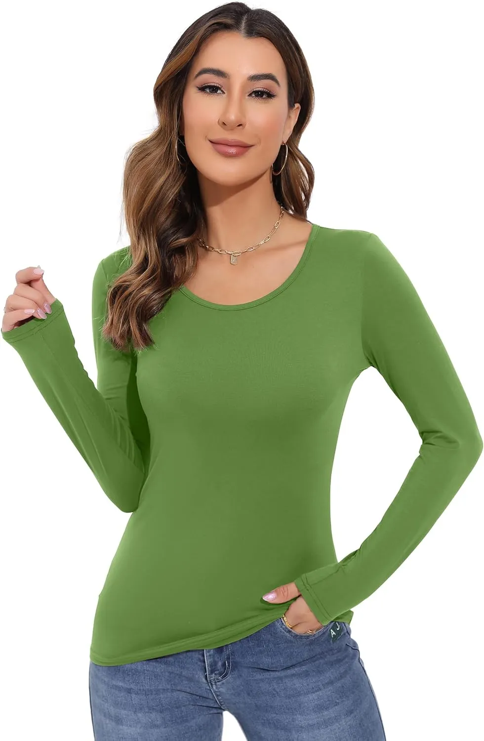Women's Long Sleeve T-Shirt Scoop Neck Rayon Slim Fit Stretchy Layer T Shirts Tops