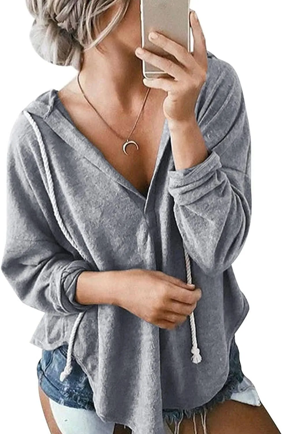 Womens Long Sleeve V Neck Hoodie Sweatshirts Lightweight Pullover Tops