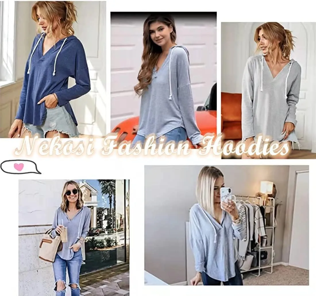 Womens Long Sleeve V Neck Hoodie Sweatshirts Lightweight Pullover Tops