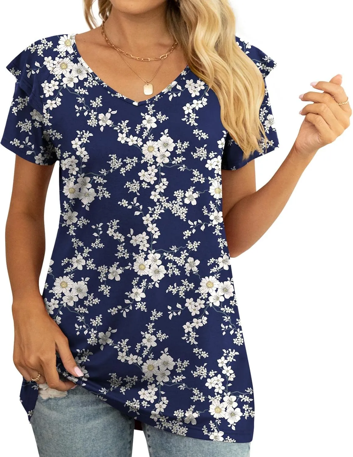 Women's Navy Blue Floral V-Neck Ruffle Top, Casual & Stylish, 2XL