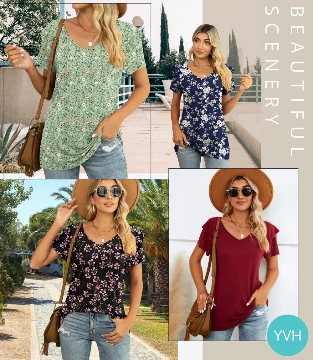 Women's Navy Blue Floral V-Neck Ruffle Top, Casual & Stylish, 2XL