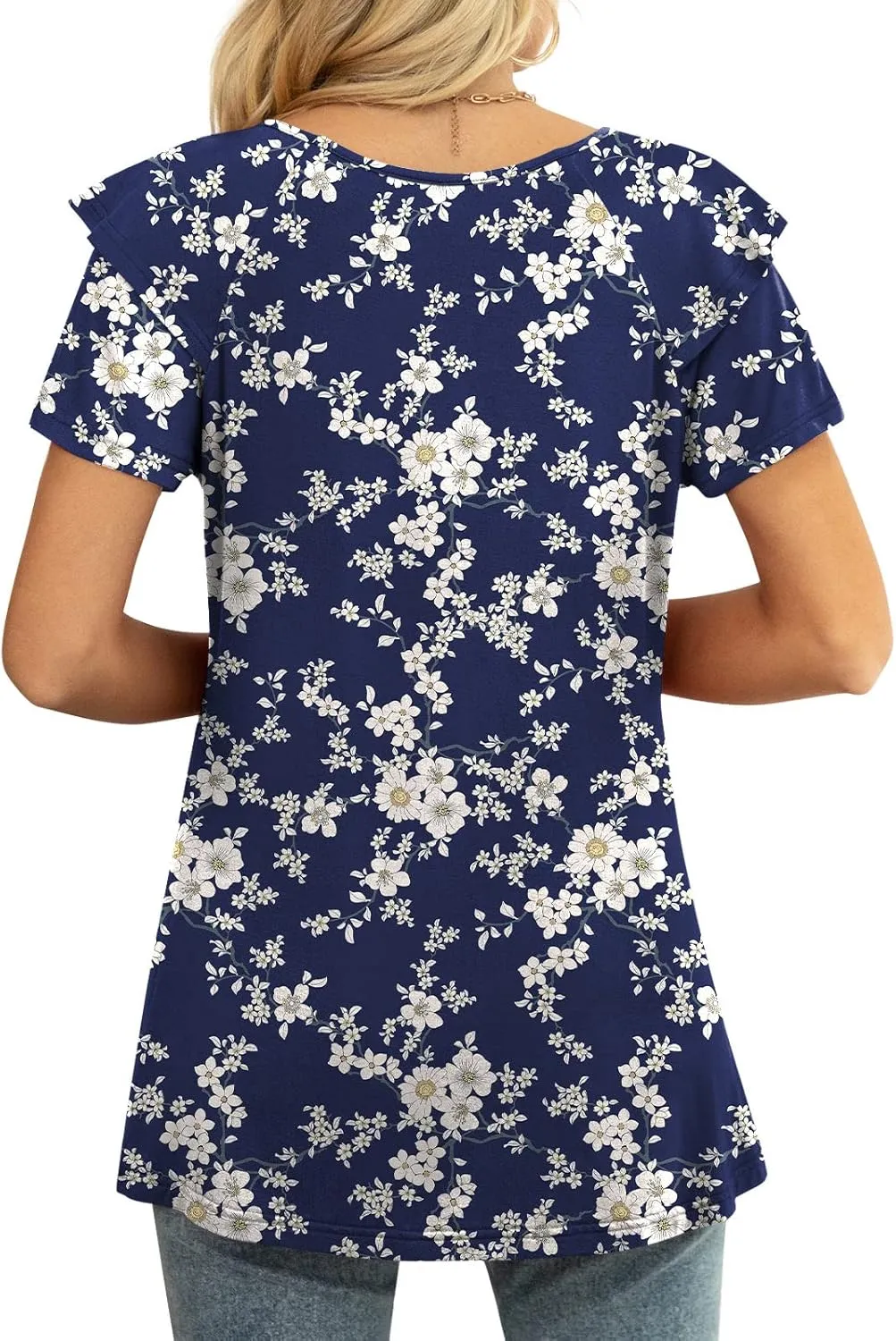 Women's Navy Blue Floral V-Neck Ruffle Top, Casual & Stylish, 2XL