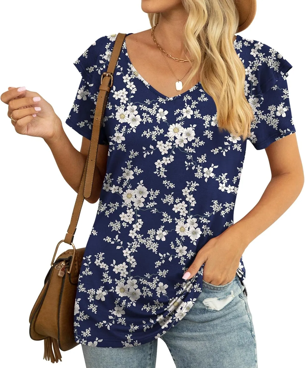 Women's Navy Blue Floral V-Neck Ruffle Top, Casual & Stylish, 2XL