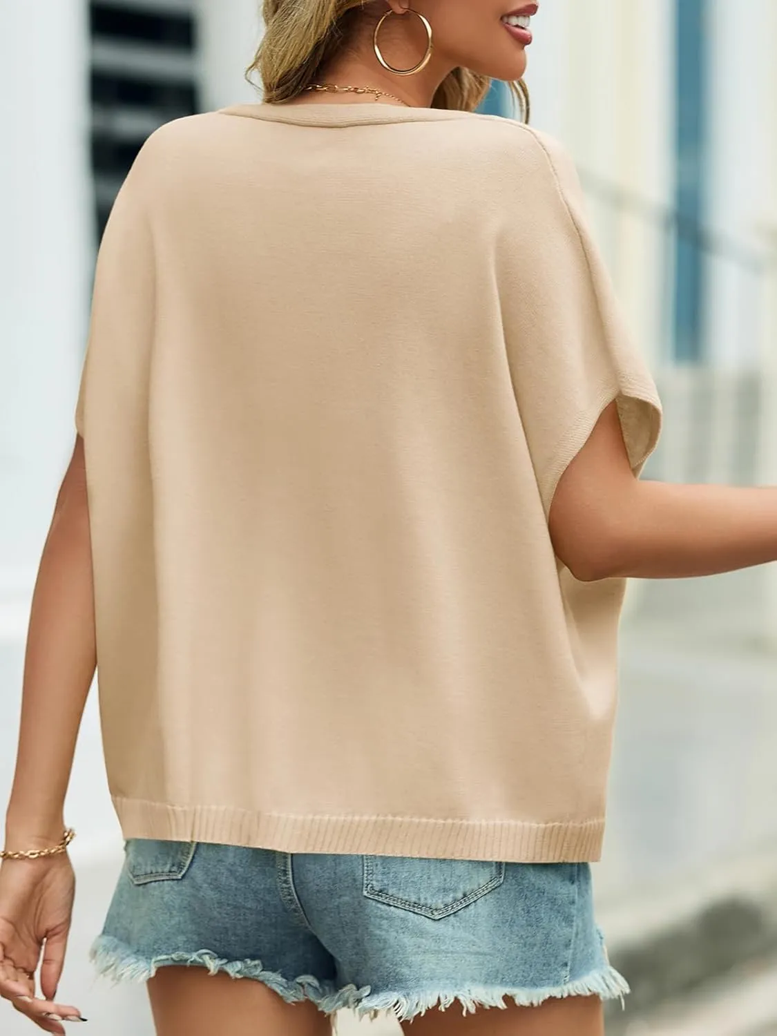 Womens Oversized Button Down Shirts Short Sleeve V Neck Knit Cardigans Batwing Lightweight Sweaters