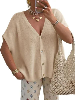 Womens Oversized Button Down Shirts Short Sleeve V Neck Knit Cardigans Batwing Lightweight Sweaters