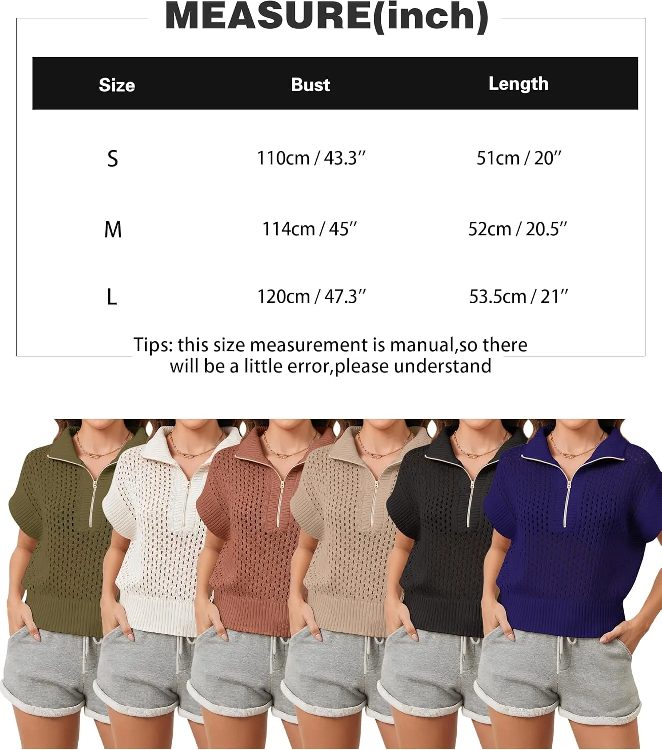 Womens Oversized Crochet Sweater Quarter Zip Cap Sleeve Tops Lightweight Hollow Out Spring Sweater Pullover Tops