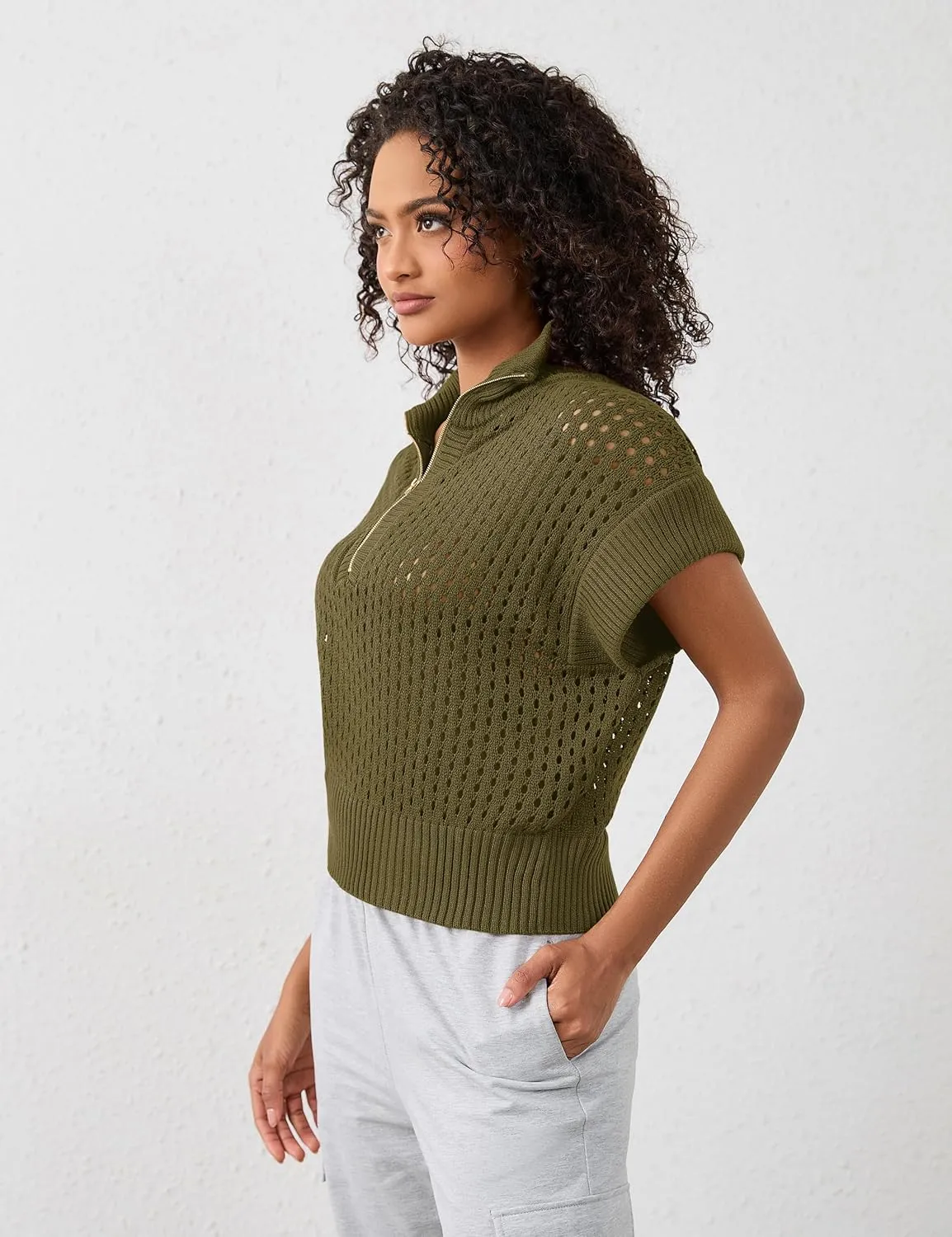 Womens Oversized Crochet Sweater Quarter Zip Cap Sleeve Tops Lightweight Hollow Out Spring Sweater Pullover Tops