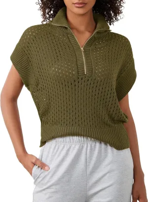 Womens Oversized Crochet Sweater Quarter Zip Cap Sleeve Tops Lightweight Hollow Out Spring Sweater Pullover Tops