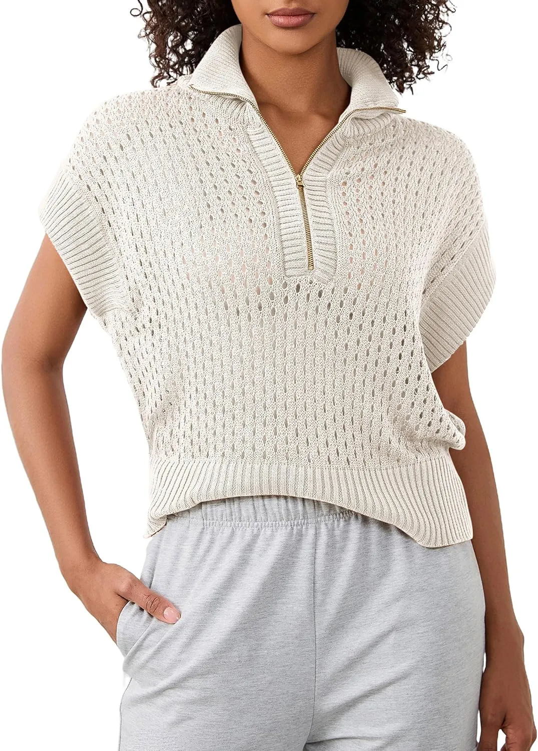 Womens Oversized Crochet Sweater Quarter Zip Cap Sleeve Tops Lightweight Hollow Out Spring Sweater Pullover Tops