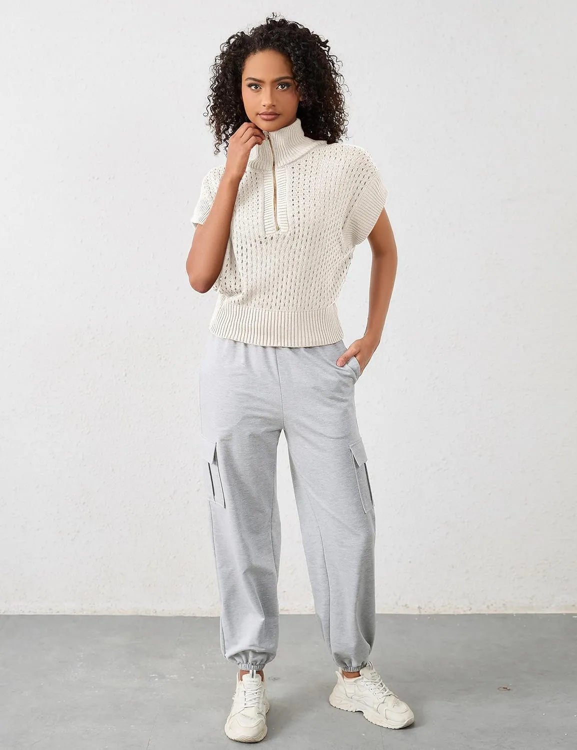 Womens Oversized Crochet Sweater Quarter Zip Cap Sleeve Tops Lightweight Hollow Out Spring Sweater Pullover Tops