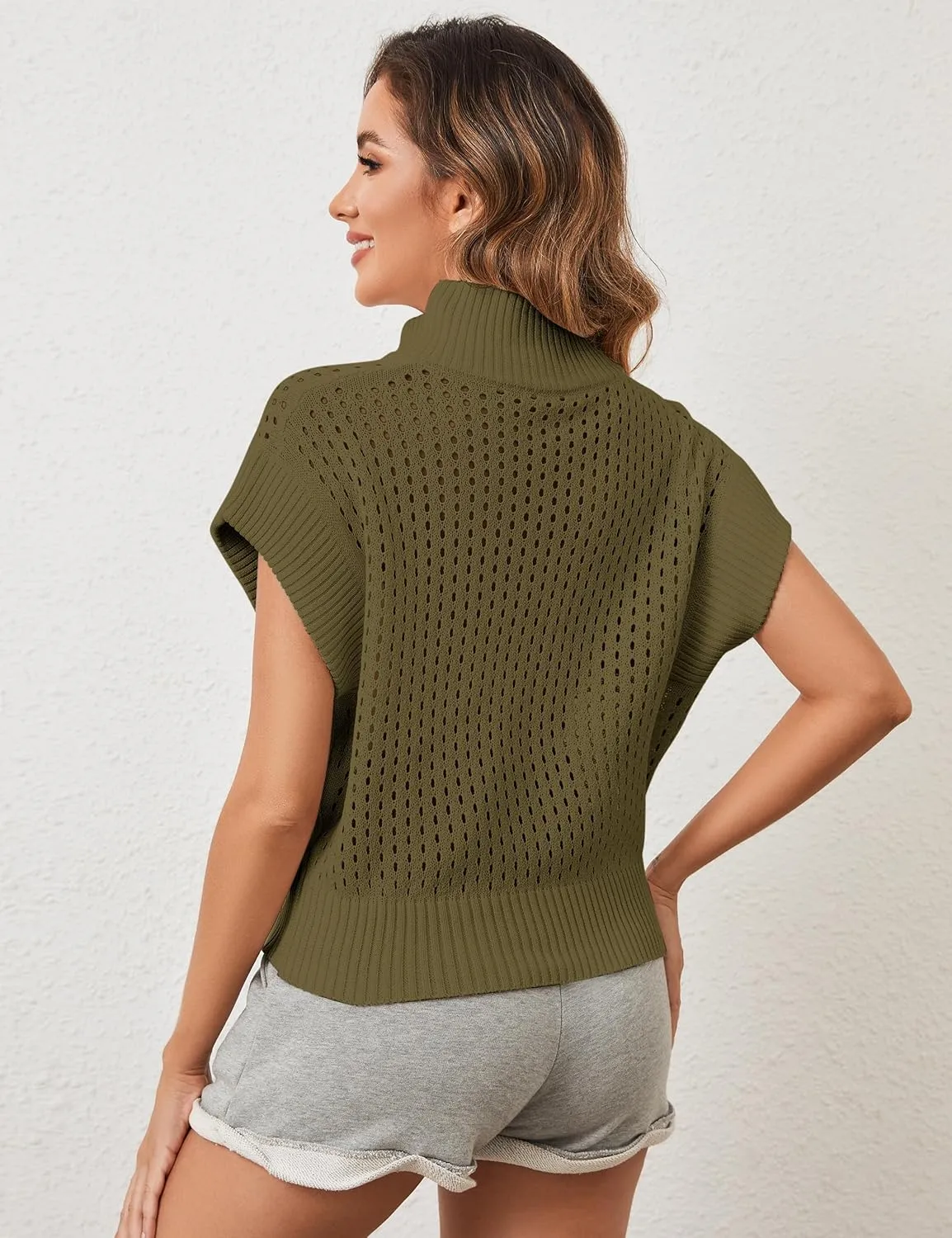 Womens Oversized Crochet Sweater Quarter Zip Cap Sleeve Tops Lightweight Hollow Out Spring Sweater Pullover Tops
