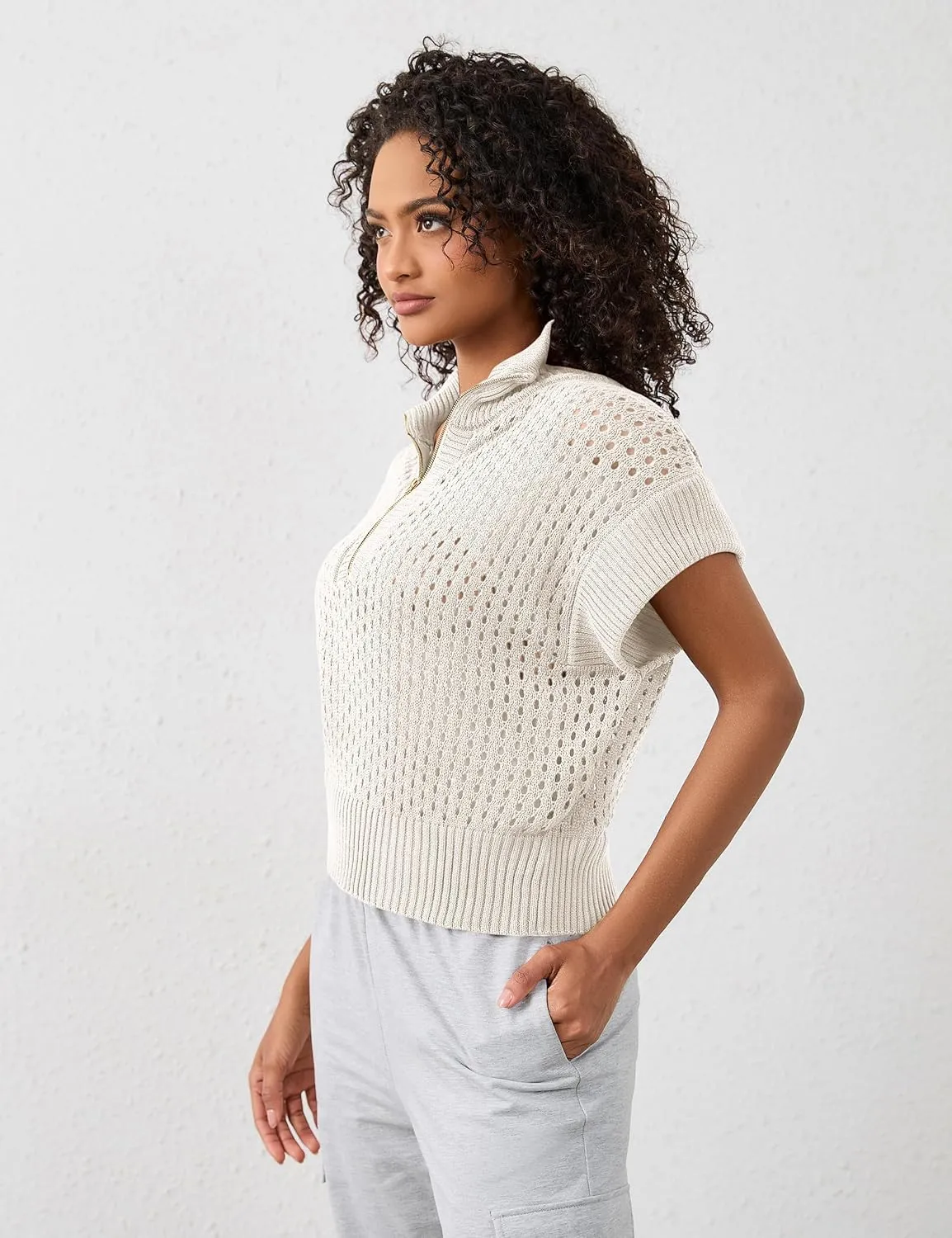 Womens Oversized Crochet Sweater Quarter Zip Cap Sleeve Tops Lightweight Hollow Out Spring Sweater Pullover Tops