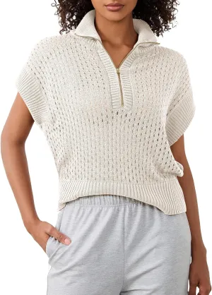 Womens Oversized Crochet Sweater Quarter Zip Cap Sleeve Tops Lightweight Hollow Out Spring Sweater Pullover Tops