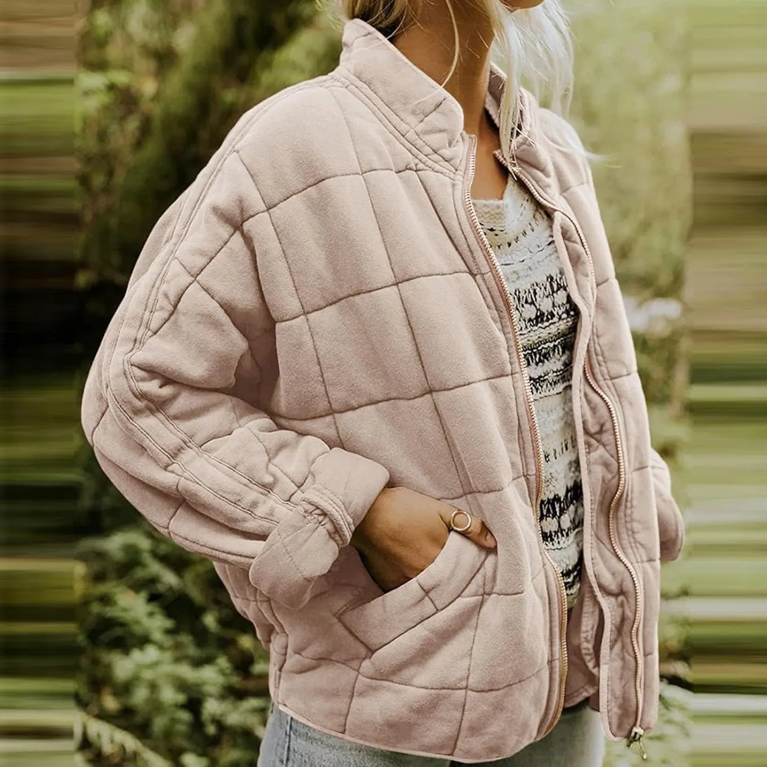 Women's Quilted Puffer Jacket Zip Up Oversized Lightweight Stand Collar Padded Down Coat Winter Loose Warm Outerwear