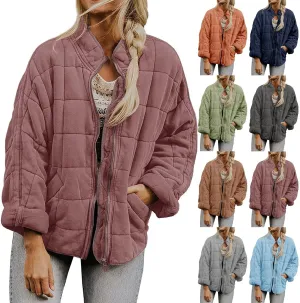Women's Quilted Puffer Jacket Zip Up Oversized Lightweight Stand Collar Padded Down Coat Winter Loose Warm Outerwear