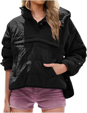 Women's Quilted Warm Puffer Jacket Winter Packable Pullover Down Coat Oversized Hoodie Lightweight Long Sleeve Outwear