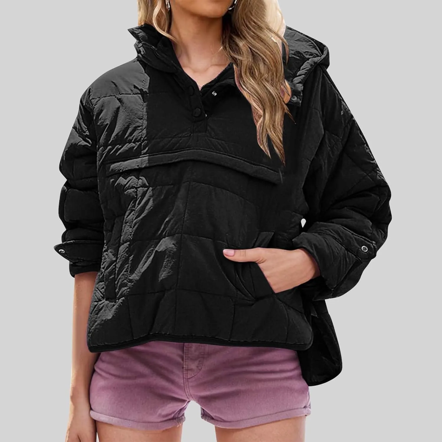 Women's Quilted Warm Puffer Jacket Winter Packable Pullover Down Coat Oversized Hoodie Lightweight Long Sleeve Outwear