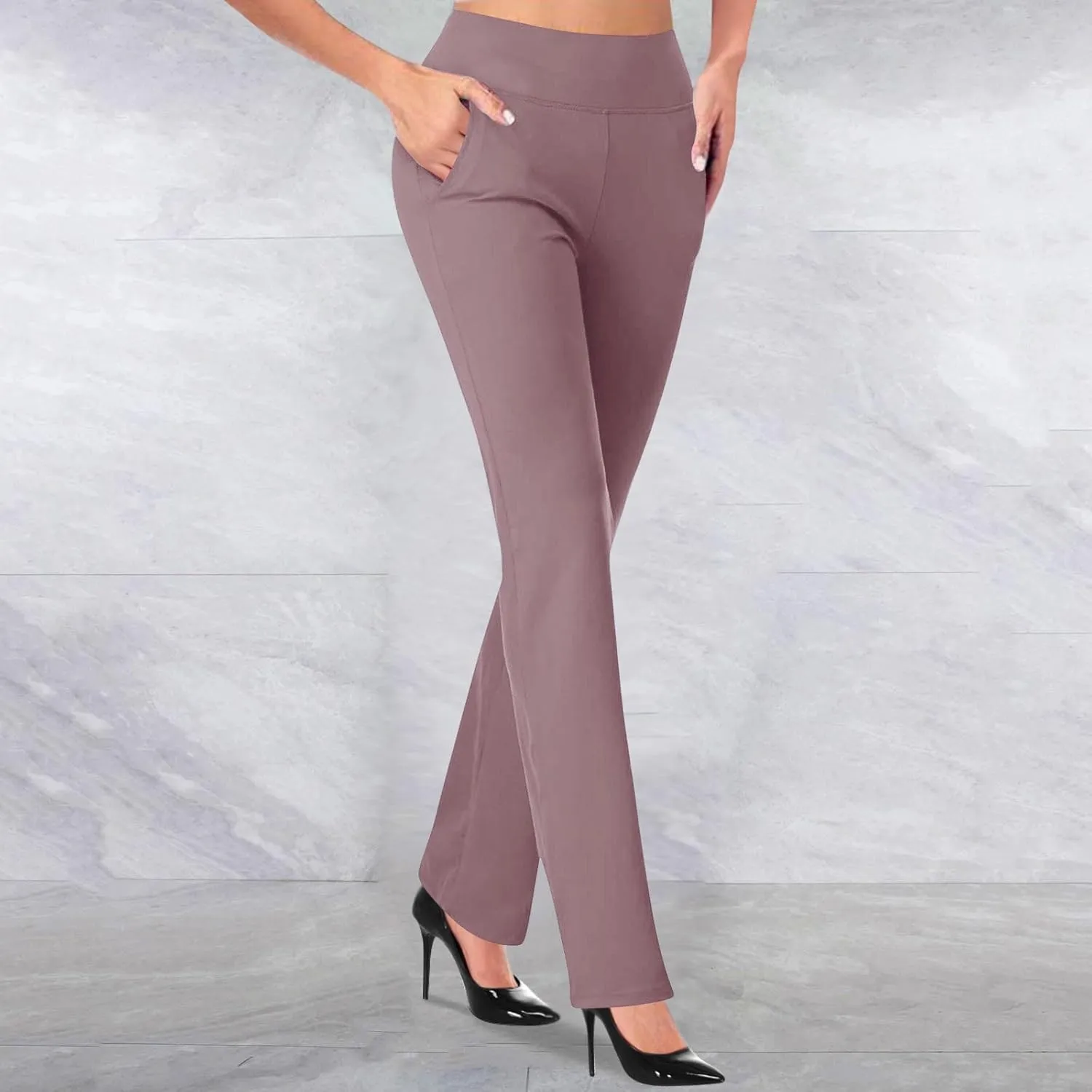 Womens Stretchy Straight Dressy Pants Trendy Solid Slim Work Office Business Trousers Elastic Flared Casual Yoga Pant