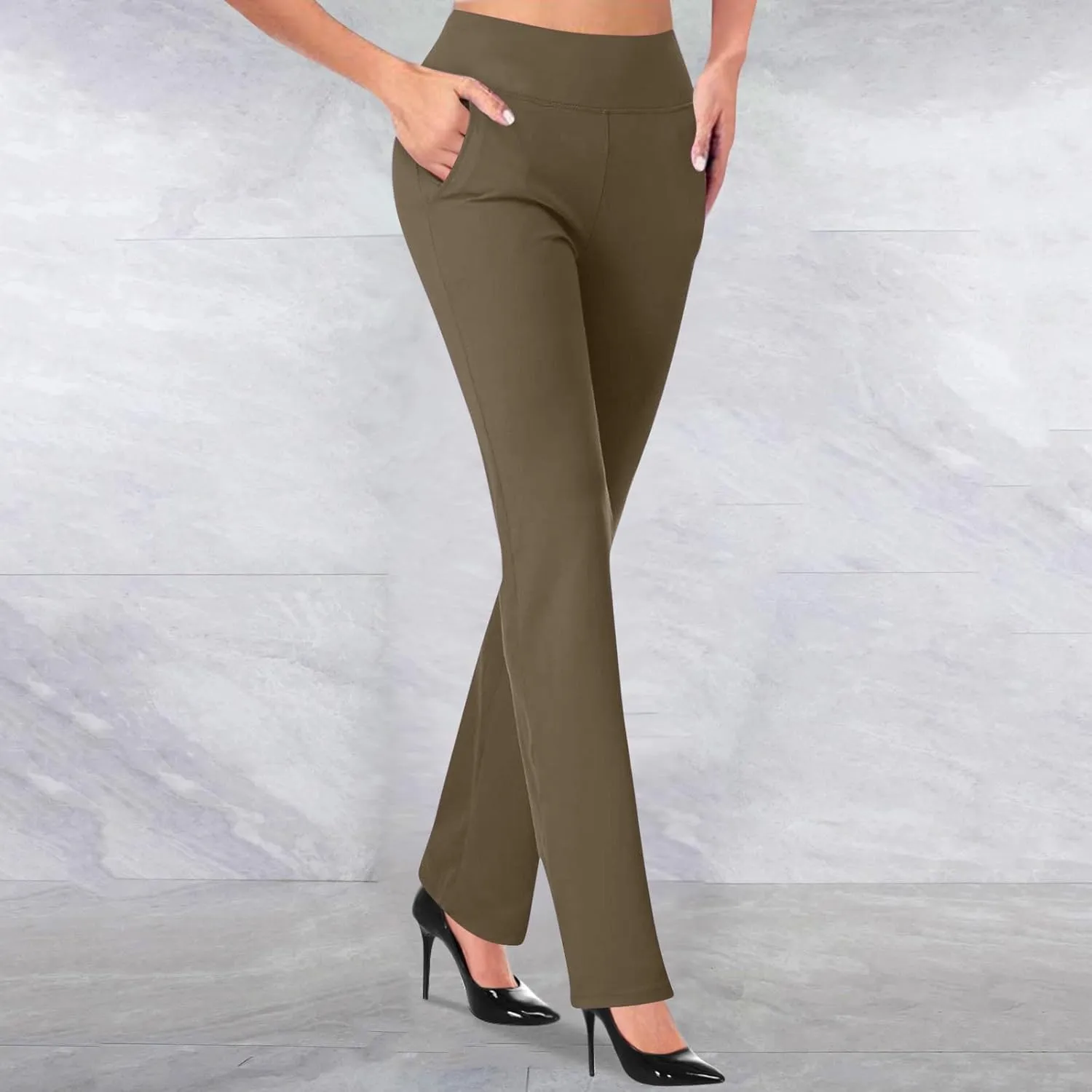 Womens Stretchy Straight Dressy Pants Trendy Solid Slim Work Office Business Trousers Elastic Flared Casual Yoga Pant
