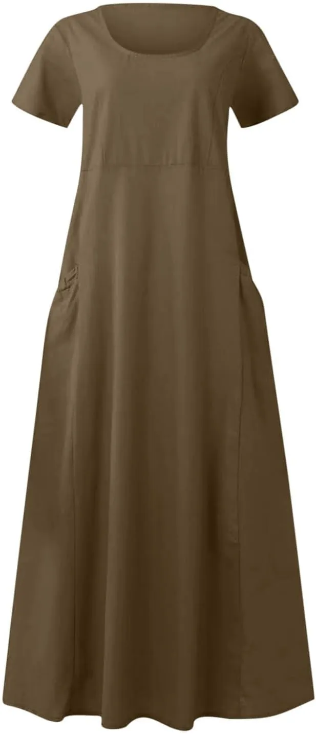 Women's Summer Dress Casual Short Sleeve Flowy with Pockets Comfortable Loose Outdoor Dressy Scoop Neck Clothes 2025