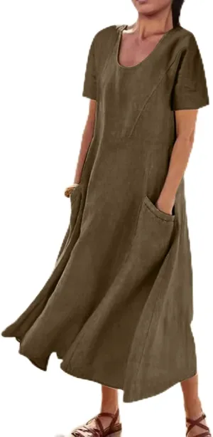 Women's Summer Dress Casual Short Sleeve Flowy with Pockets Comfortable Loose Outdoor Dressy Scoop Neck Clothes 2025