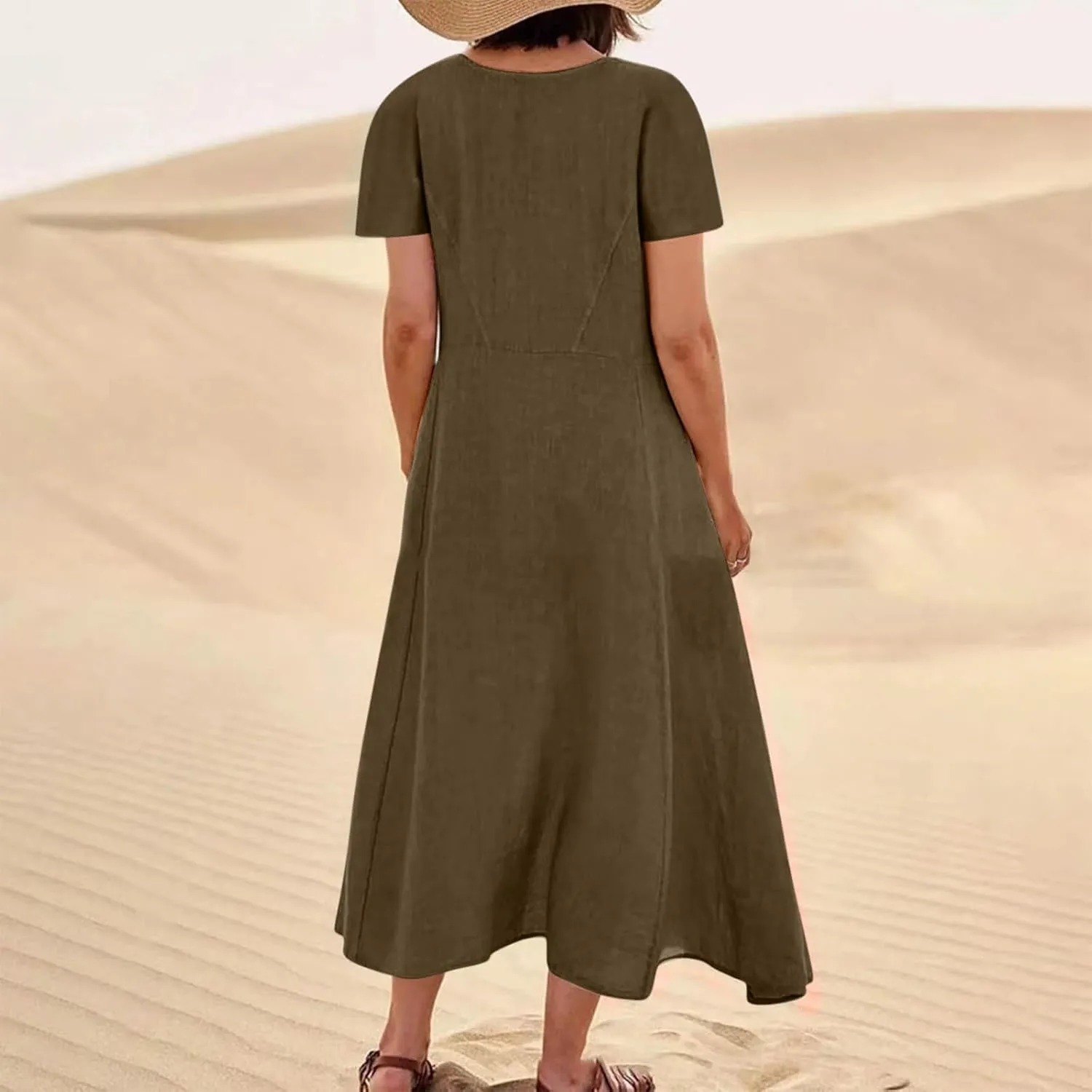 Women's Summer Dress Casual Short Sleeve Flowy with Pockets Comfortable Loose Outdoor Dressy Scoop Neck Clothes 2025
