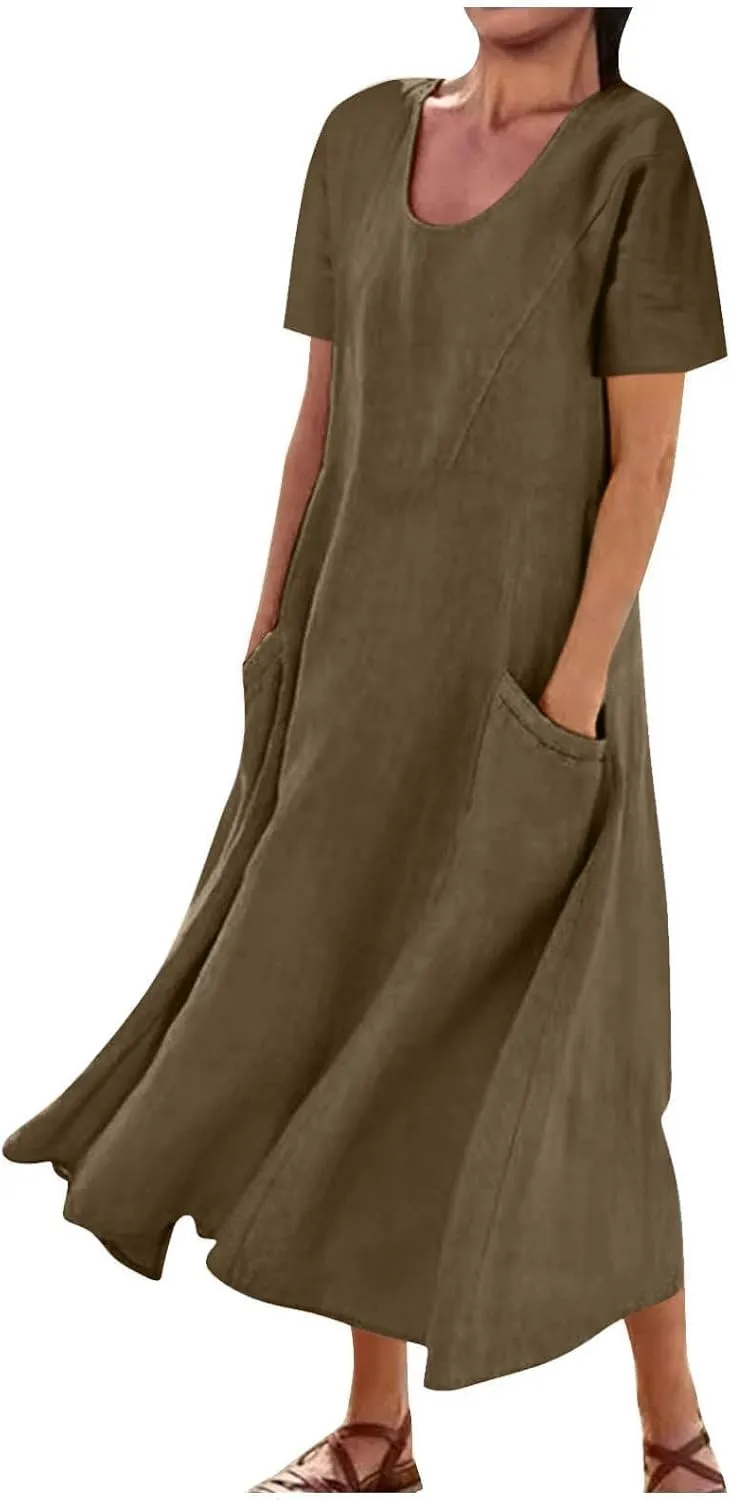 Women's Summer Dress Casual Short Sleeve Flowy with Pockets Comfortable Loose Outdoor Dressy Scoop Neck Clothes 2025