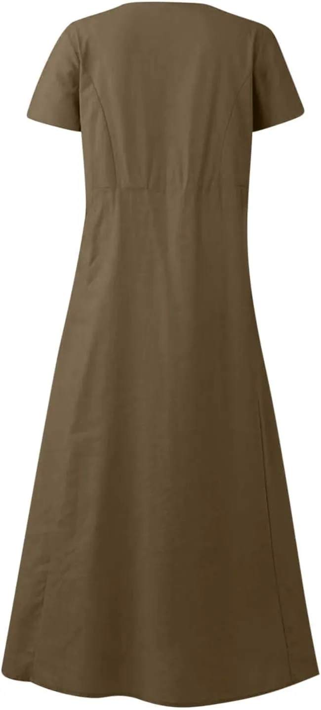 Women's Summer Dress Casual Short Sleeve Flowy with Pockets Comfortable Loose Outdoor Dressy Scoop Neck Clothes 2025
